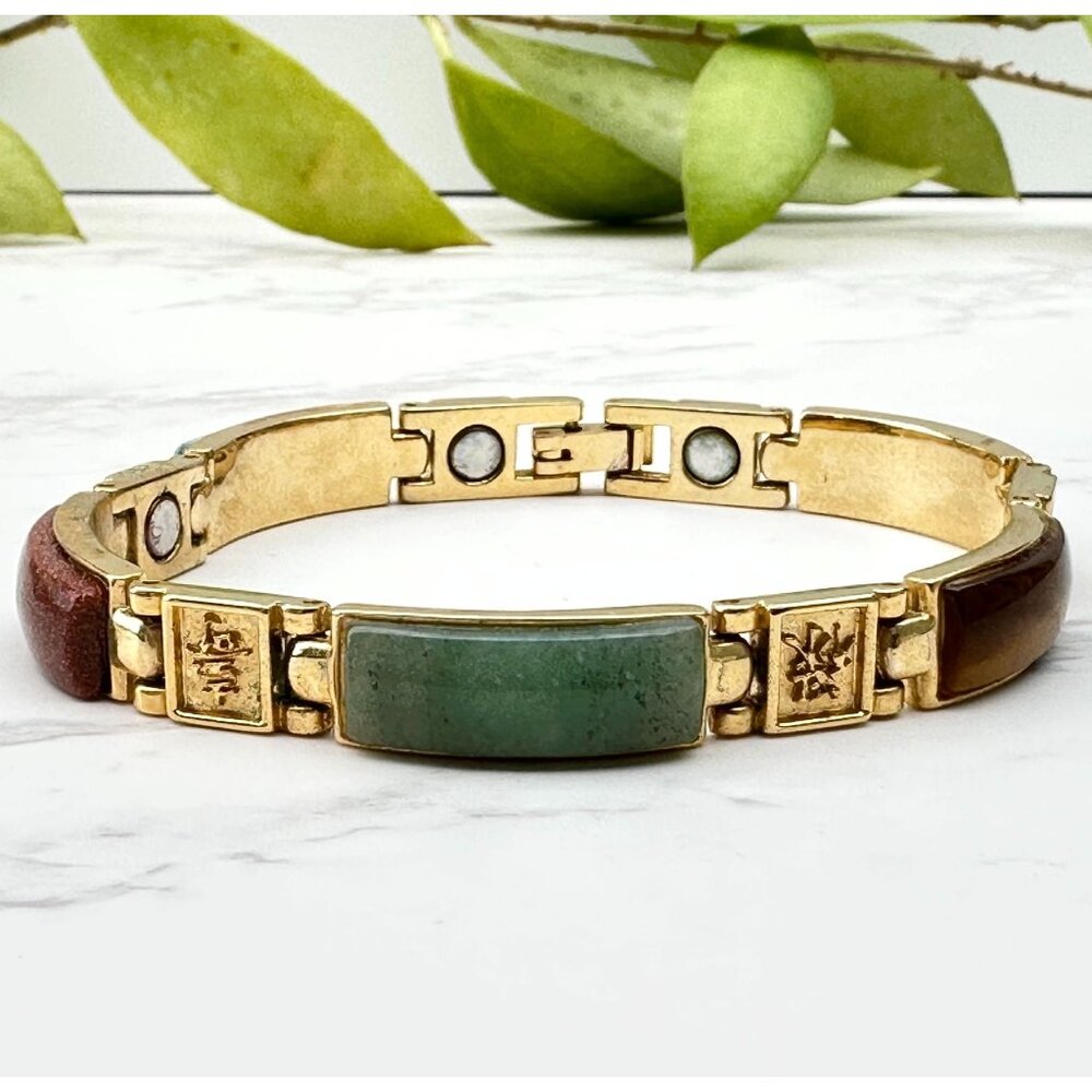 Chinese Style Magnetic Goodluck Bracelet 7" Long With Multicolor Gemstone Inlays